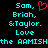 Pixelated cyan text lists names and phrases on black background with red heart symbol; identical text appears on both sides of the image.