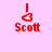 Red pixelated text and symbols on light pink background: vertical line, heart shape, 'Scott' below.