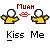 Pixel art image with two yellow-shirted figures, red lips icon, and text reading 'Muah' above and 'Kiss Me' below.