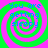 Four identical spiral patterns with alternating green and pink rings, each containing blue text reading "You are getting sleepy" on a bright background.