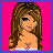 Pixelated character with long brown hair, pink and white striped top, white pants, and a pink patterned purse on bright pink background.