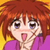 Pixelated anime-style character with reddish-brown hair, wide eyes, and open mouth showing tongue, wearing purple top against yellow background.