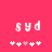 Pixelated white text 'syd' on bright pink background with five small heart symbols below, two of which are light pink.