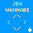 Blue background with white pixelated text 'JEW WANNABE' and directional arrow symbols, featuring a spinning top icon in two states.