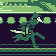 Pixel art animation of a green-clad figure with flowing cape and sword, running across dark background with repeating light-green patterns.
