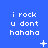 Blue background with white pixelated text reading "i rock u dont hahaha" repeated in a , accompanied by small animated symbols