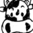 Black-and-white pixelated icon of a cartoon character with large eyes, dark hair, and a simple rounded body shape.