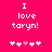 A bright pink background displays white pixelated text reading "I love taryn!" with five small heart symbols below, where the third heart is light pink and the rest are white.
