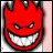 Red cartoon head with flame-like hair, wide grinning mouth showing white teeth, angry eyes, and a pink background in some frames.