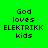 pixelated text-based icons in bright green, cyan, pink, and black backgrounds with repeated phrases "God loves ELEKTRIKK kids" and "and they LOVE God."