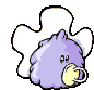 A purple fuzzy creature with yellow mouth and white wings holds a cup, displayed in nine positions