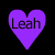 Six heart-shaped icons in purple, cyan, green, yellow, orange, and red display the name 'Leah' on a black background.