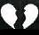 A static pixelated image shows two white heart shapes split by a black vertical gap on a dark background.