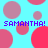 Pixelated cyan background with pink and red circles; purple text "SAMANTHA! SAMANTHA!" repeated twice.