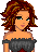 Pixel art of a female character with red-brown hair wearing an off-shoulder gray top, red patterned crop top, and black-and-white pants with yellow accents.