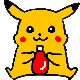 Two side-by-side pixelated yellow creatures with red cheeks hold red bottles with white caps; one has open eyes, the other winks.