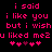 Pixelated pink text on black background with repeated phrases and heart symbols, showing animation changes in the central hearts.