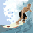 Pixelated image of a person surfing on a wave, wearing black shorts and standing on a light-colored surfboard with red accents.