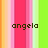 Pixelated text 'angela' in dark brown on a vertical striped background of pink, orange, and green hues.