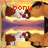 A pixelated cartoon pony with brown and white coloring lies on a yellow surface, its head tilted back as red text above changes from 'pony' to 'luv'.