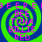 A static digital image with a green and blue spiral background, displaying repeated pink text in a pattern