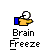Pixelated character with white head and yellow body holding blue rectangular object, text "Brain Freeze" below, multiple animation states showing head and object changes.