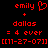 Red pixelated text and symbols on black background with two identical side-by-side layouts showing 'emily', 'dallas', '= 4 ever' and date code.