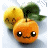 Animated orange fruit character with green leaves, displaying two eye states: white squares and black pupils.