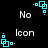 Pixelated cyan square animation with white text 'No' and 'icon' on black background, alternating between two states.