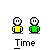 Pixel art buddy icons show two figures with yellow and green shirts, displaying text bubbles like "Hey what" and "It's bout..." against a gray background.