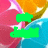 Pixelated static image with green shapes over a colorful background of pink, orange, and blue hues.