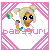 Pixel art of a character with blonde pigtails holding a rainbow wand, set within a pink and white checkered border.