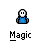 Pixel art icon of a blue-shirted figure with white face and black eyes, shown in multiple poses including raised arms and motion blur effects beneath the feet.