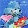Blue Care Bear with pink heart on chest holds red drum and yellow stick, set against blue background with pixelated text.