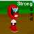 Pixelated red character with black accents and green eyes stands against a green background, partially obscured by text.