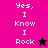 Pixelated text 'Yes, I Know I Rock' on split background with star symbols changing color between frames.