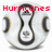 Red pixelated text "Hurricanes" spans the top of a circular icon featuring a stylized hourglass with black and gray tones on white background.