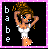 Pixel art buddy icon of a cartoon woman with brown hair in a bun, wearing white clothing and orange shoes, set against black background with pink border and vertical "babe" text.