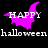 Animated icon with pink witch hat, bat, and ghost shapes over 'HAPPY halloween' text on black background.