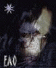 Animated sequence showing a skeletal figure with glowing eyes and dark hooded clothing, transitioning between static poses with visible text overlays.