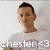 Pixelated image of a person with short dark hair wearing a light-colored shirt, with text below reading 'chester <3'.