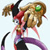 Pixelated character with brown hair, red top, purple pants, and black accessories holding a green-eyed object in a dynamic pose.