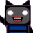 Pixelated character with gray face, white eyes, red-and-green mouth, blue torso, and black limbs in four