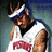 A person wearing a white sleeveless shirt with red text and a blue-and-white headband, shown in three sequential poses with slight head and shoulder movements against a gradient background.