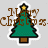 Pixelated green Christmas tree with brown trunk and yellow star, surrounded by brown text phrases on light gray background.