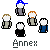 Animated sequence showing pixelated figures and X symbols with 'Annex' text beneath each, transitioning from mixed character poses to solid black X shapes.