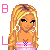 Pixel art contact sheet showing a blonde female character in multiple frames with pink text elements and partial body views.