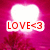 Pixelated icon with pink gradient background, white speech bubble, and red text 'LOVE<3' on white rectangle.
