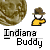 Pixelated Indiana Jones–style character in yellow shirt and brown fedora points right, with large textured circular background element; text "Indiana Buddy" below.