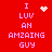 Red background with pink pixelated text reading "I LUV AN AMZAING GUY" and two distinct animated elements: a heart and a starburst.